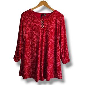 New Directions Red Velvet Burnout Tunic Top Size XL Gold Rings Valentine's Day